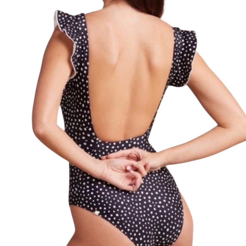 Women's Summersalt The Ruffle Backflip Black White Polka Dot 1-Piece Swimsuit 6 - Picture 4 of 12